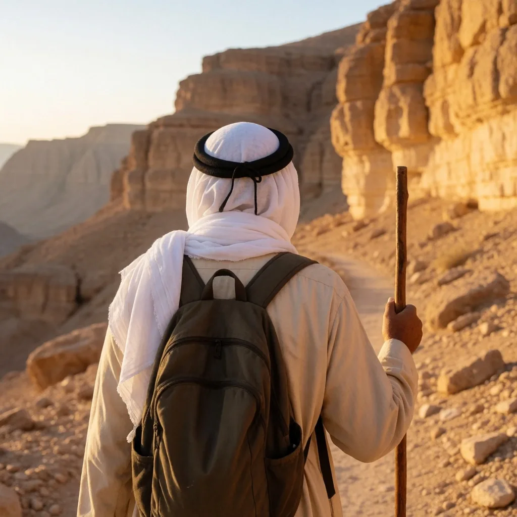 A local guide walking across a desert plateau at dusk