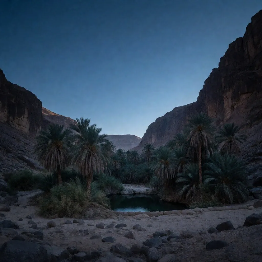 Palm groves around a desert spring at twilight