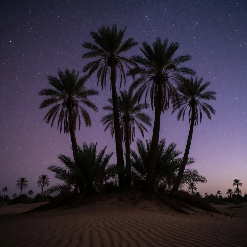Palm tree silhouettes against a deep indigo desert night sky