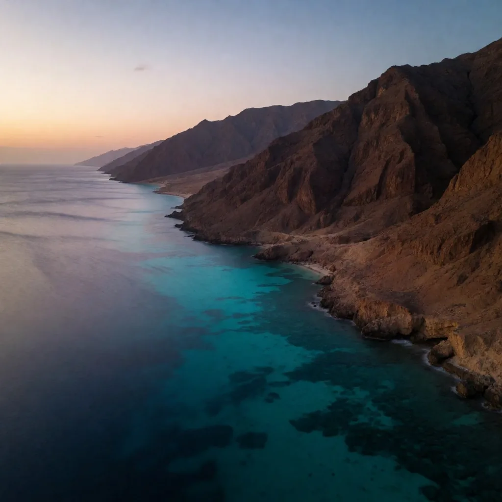 Egyptian Red Sea coastline where desert mountains meet deep blue water at dusk