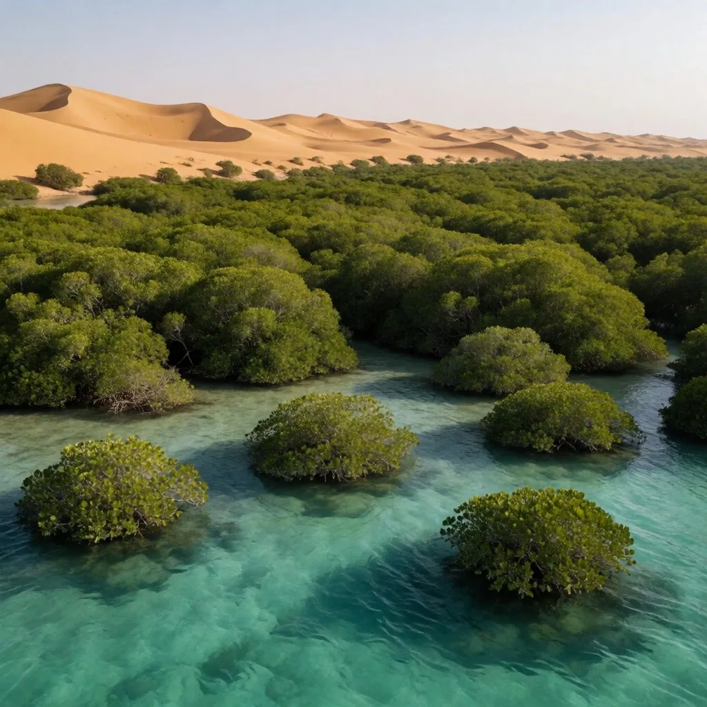 Mangrove trees growing in brackish water where desert meets the southern Red Sea coast