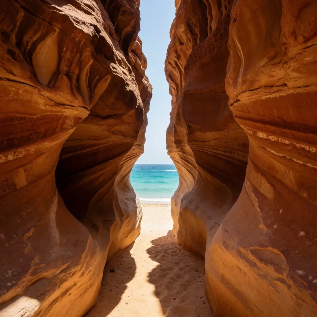 Narrow Sinai canyon with layered rock walls opening toward the sea