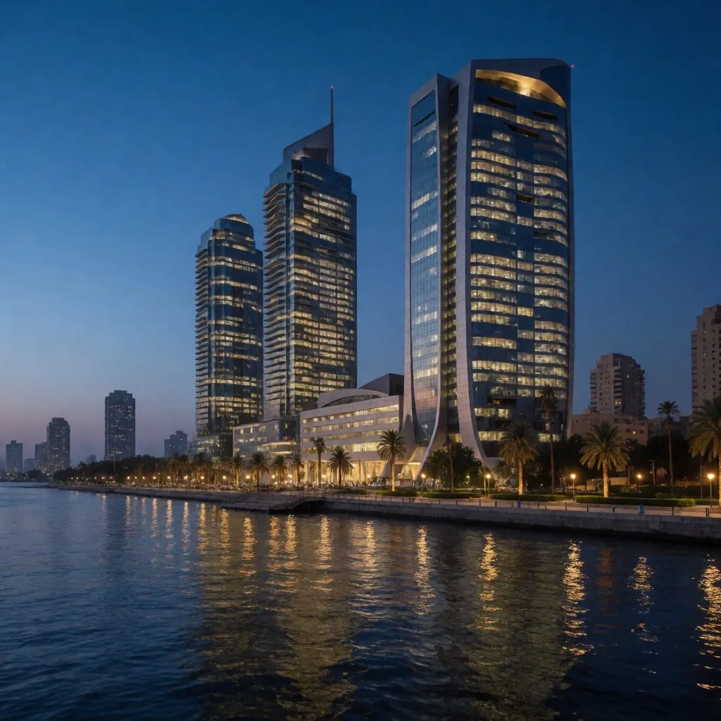Office building on the Nile Corniche in Cairo at dusk