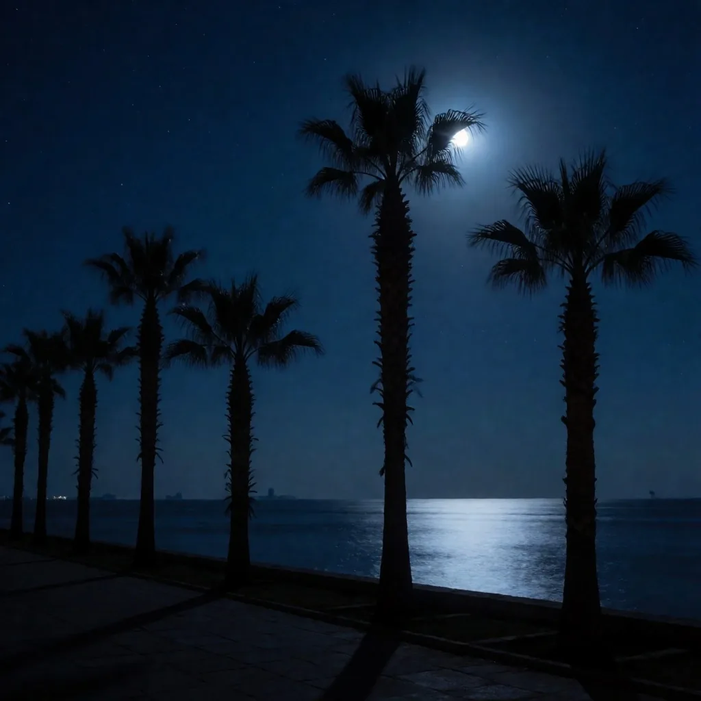 Palm trees at night along the Nile in Cairo