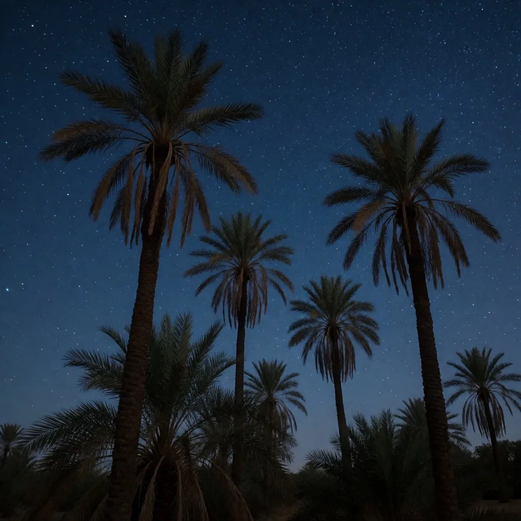 Palm tree silhouettes against a deep indigo desert night sky