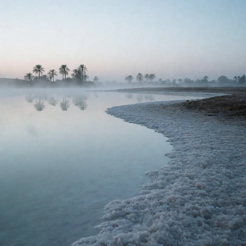 Quiet oasis edge at dawn with distant palms in soft mist
