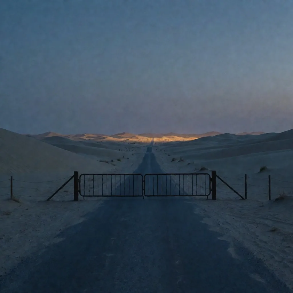 A quiet desert checkpoint at dusk
