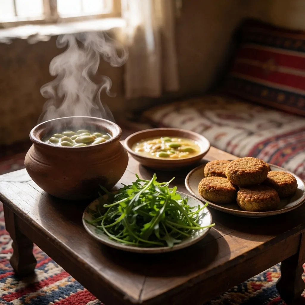 A shared meal on a brass tray in a family home