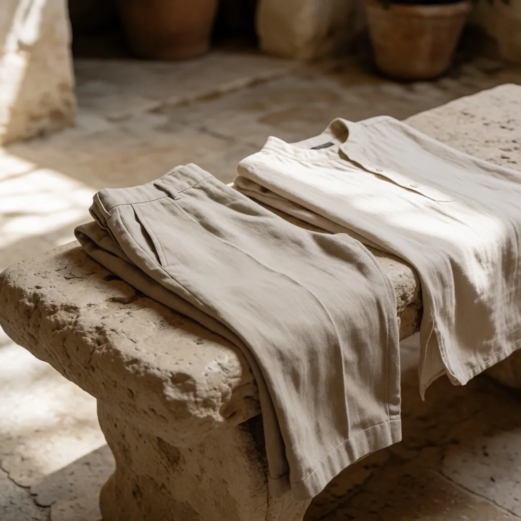Linen clothing in neutral tones on a stone ledge