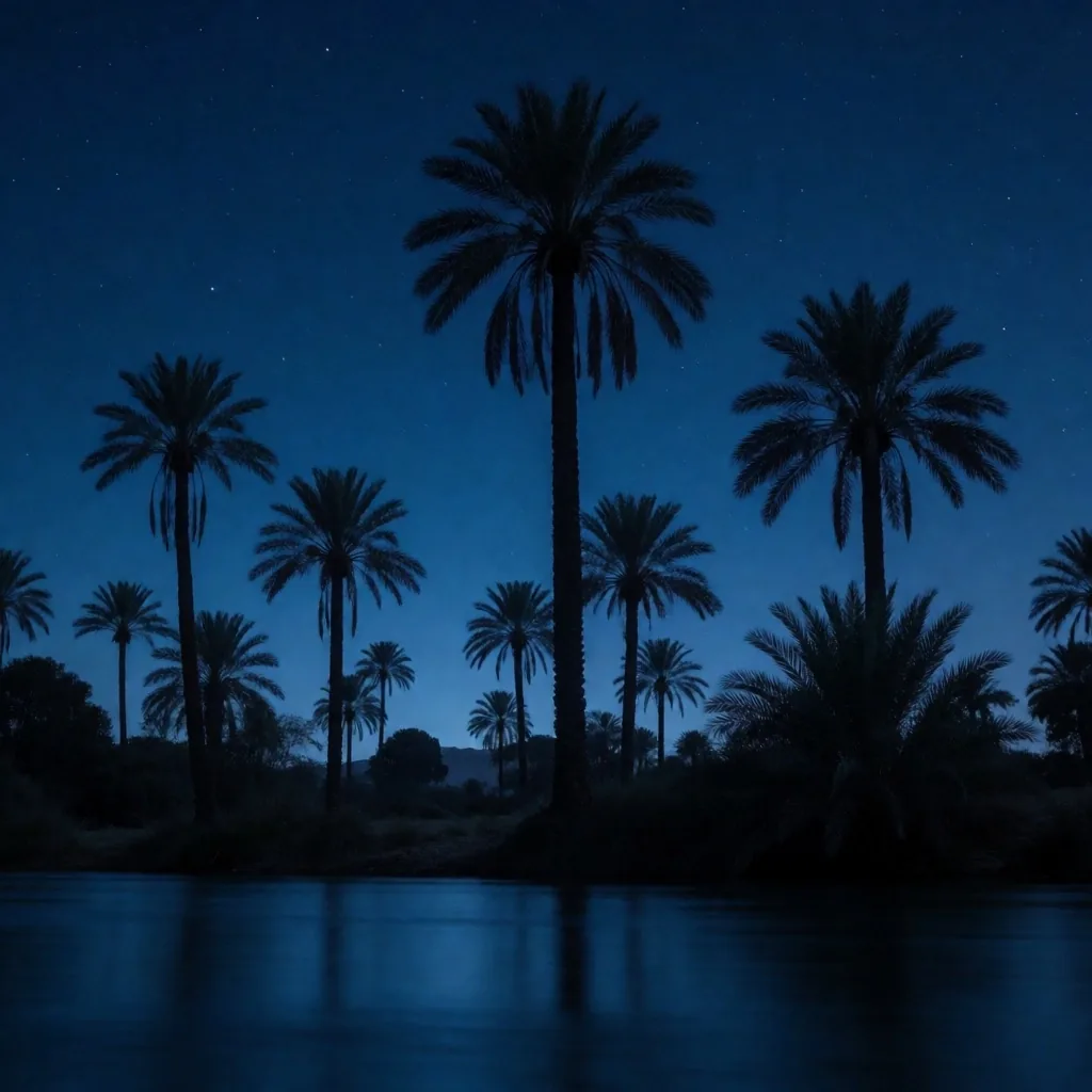 Palm silhouettes against a deep indigo night sky