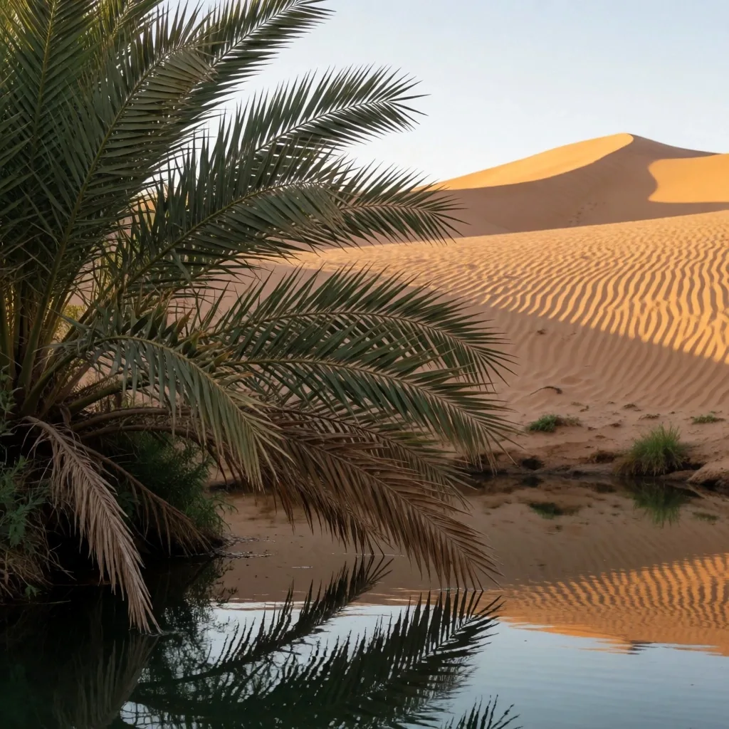 A desert oasis with palm trees surrounding a natural spring at dusk