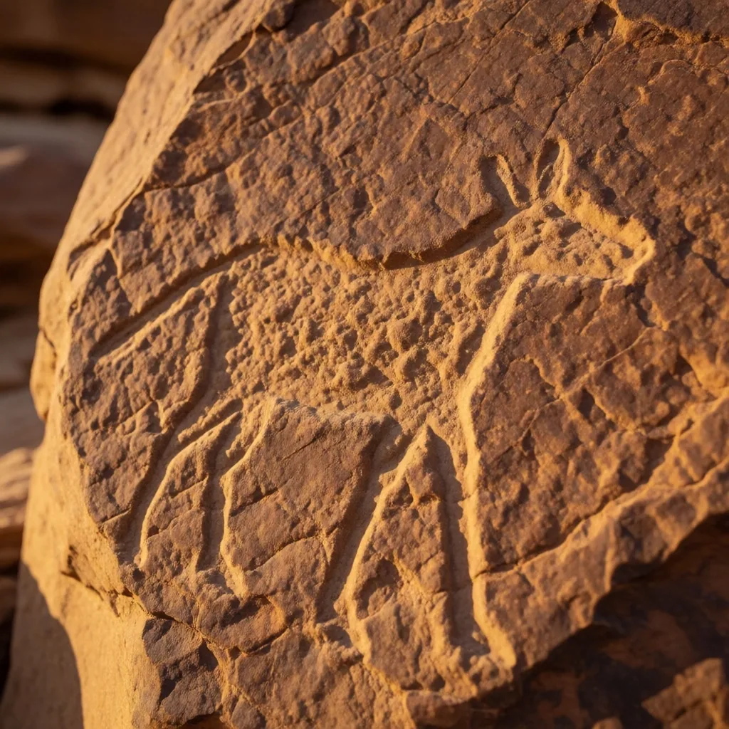 Ancient petroglyphs carved into desert rock