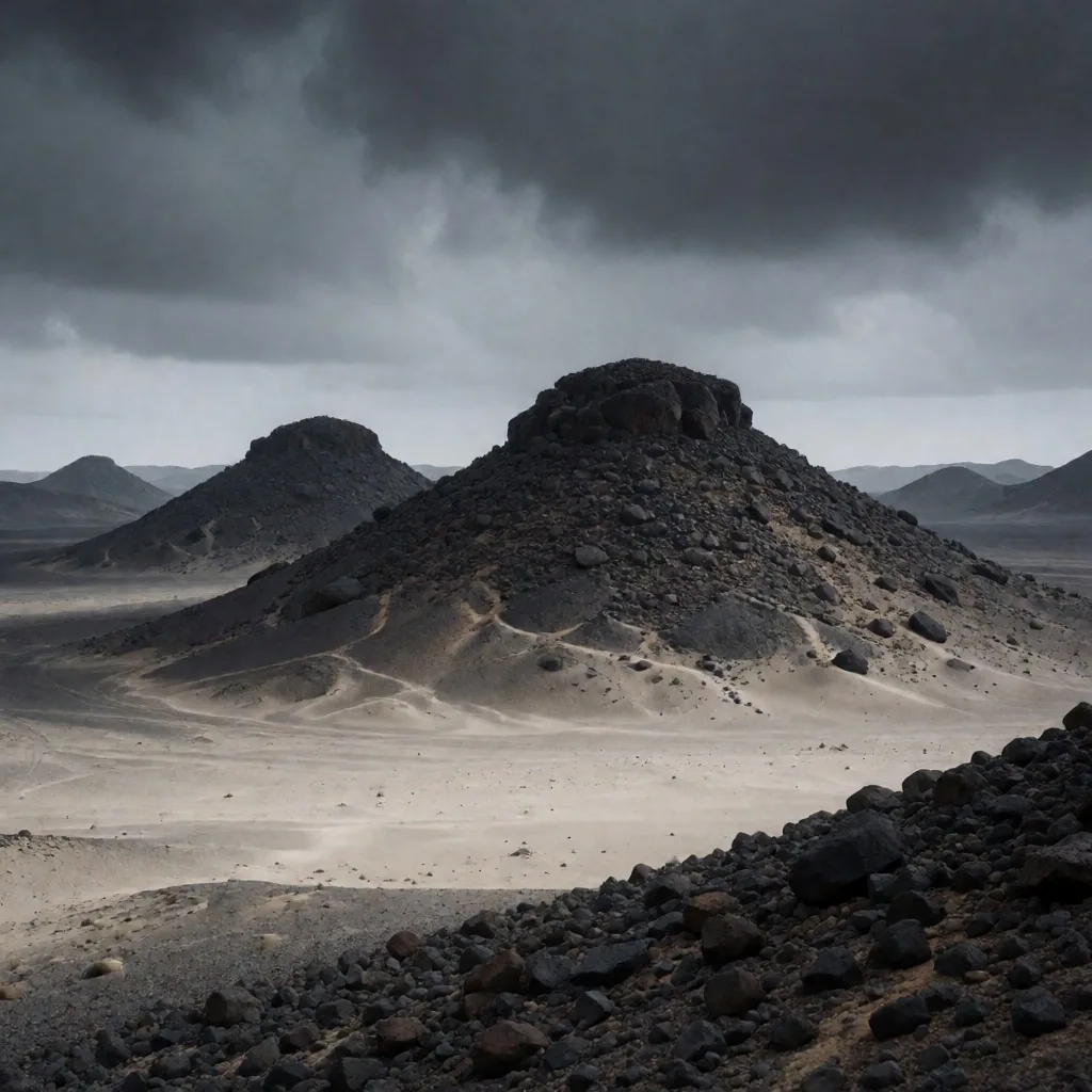 Dark volcanic hills covered in basalt in the Black Desert