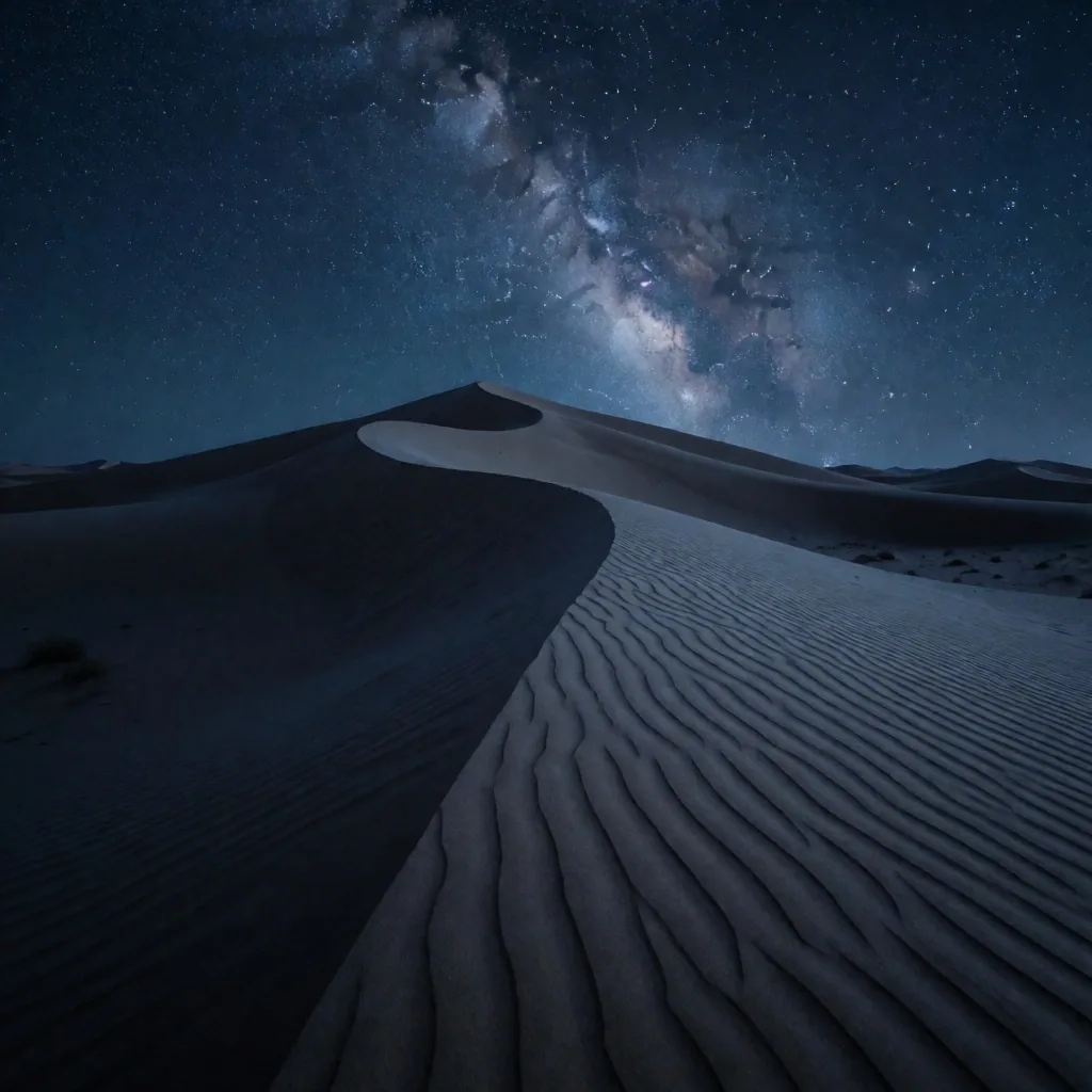 Palm silhouettes and dunes under a deep indigo night sky