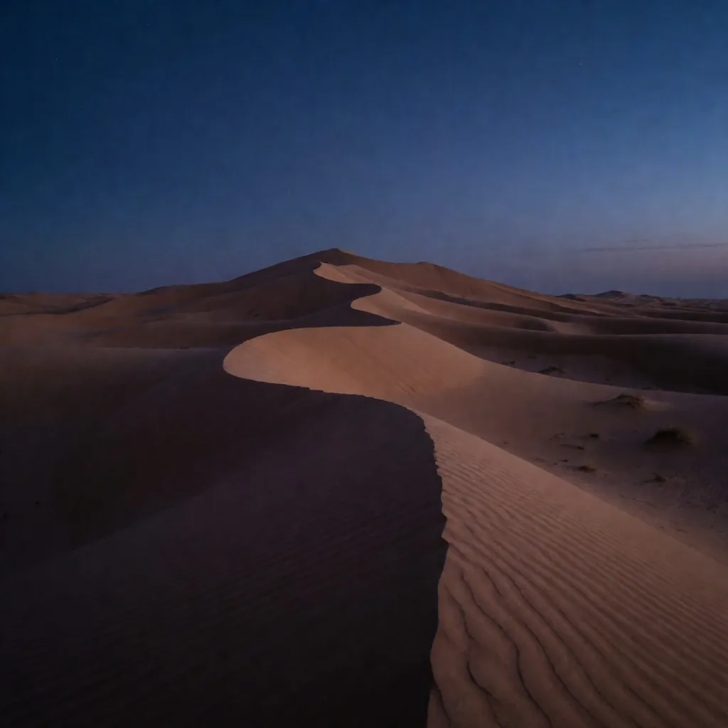 Rolling sand dunes of the Great Sand Sea at twilight