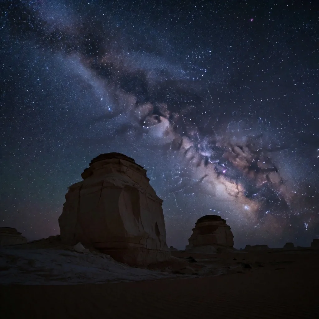 The Milky Way over a dark desert landscape