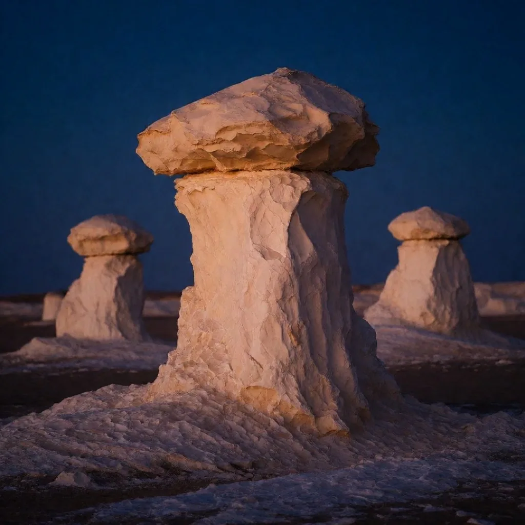 White chalk formations standing against a dark sky in the Egyptian desert