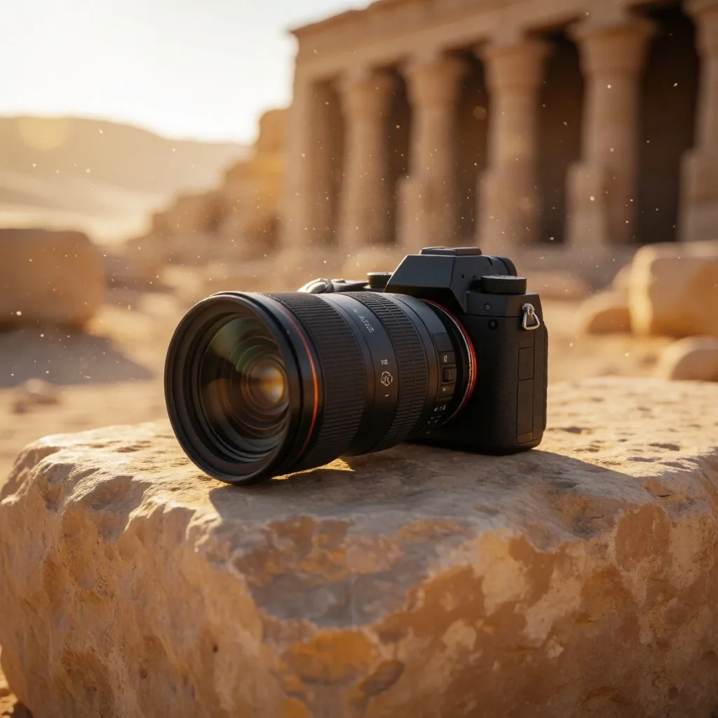 Camera equipment resting on stone in desert light