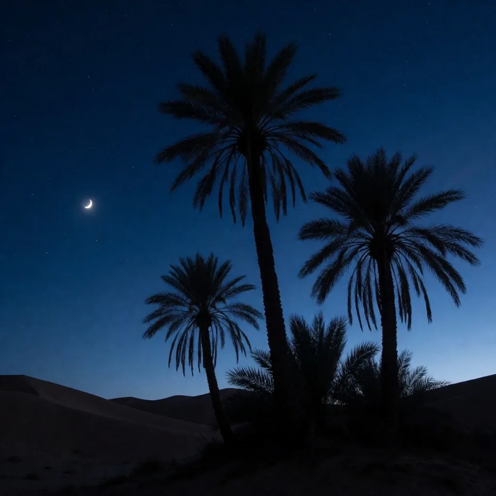 Palm tree silhouettes under a deep indigo night sky