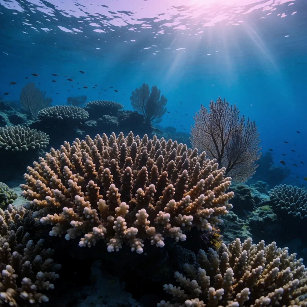 Coral reef in blue twilight water