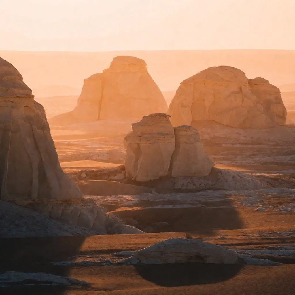 Desert dunes at dawn with long shadows