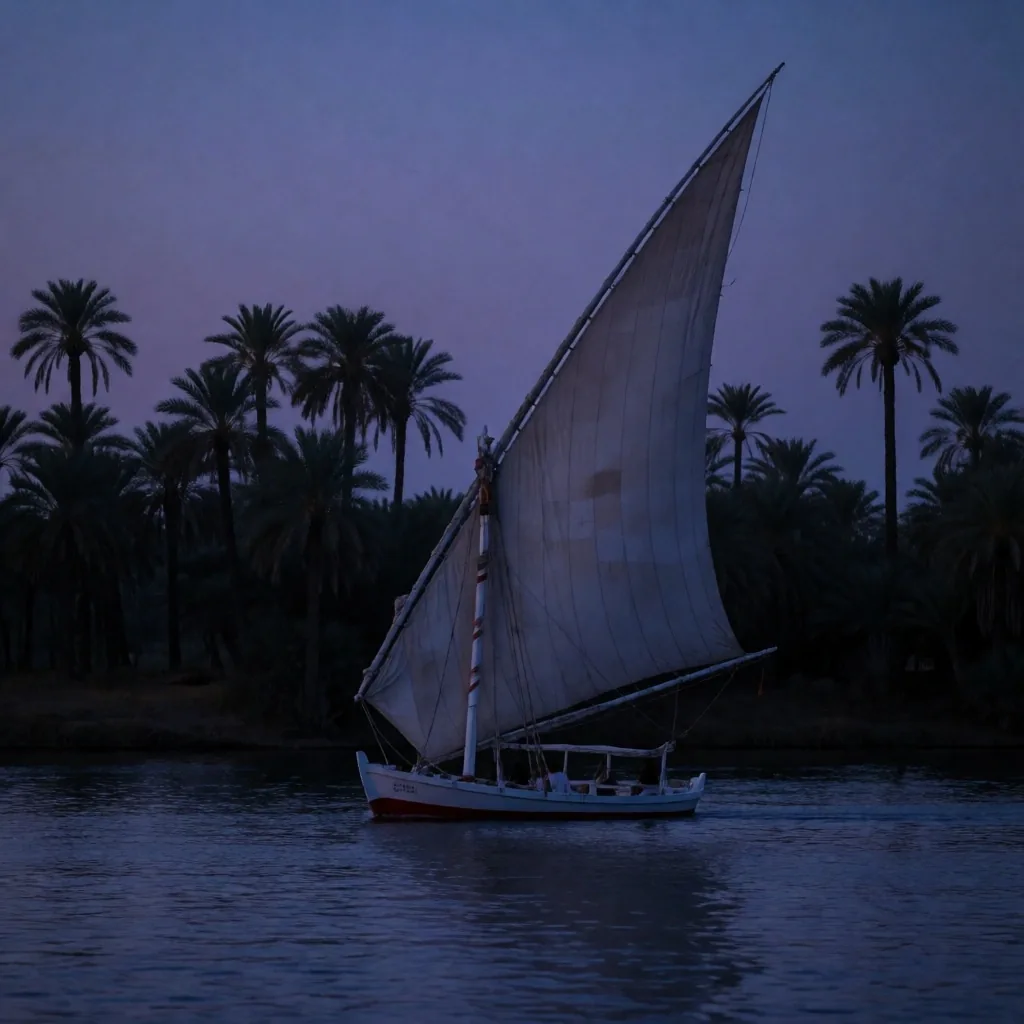 Traditional sailboat on the river at dusk
