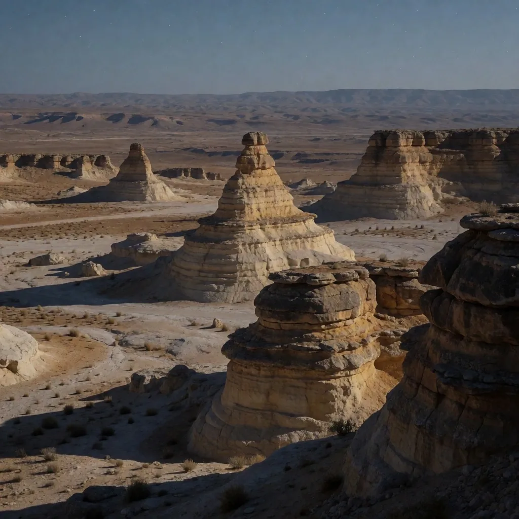 White desert rock formations at night