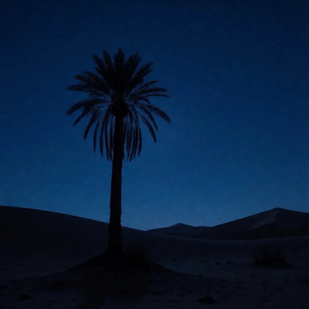 Palm tree silhouette under a dark desert sky