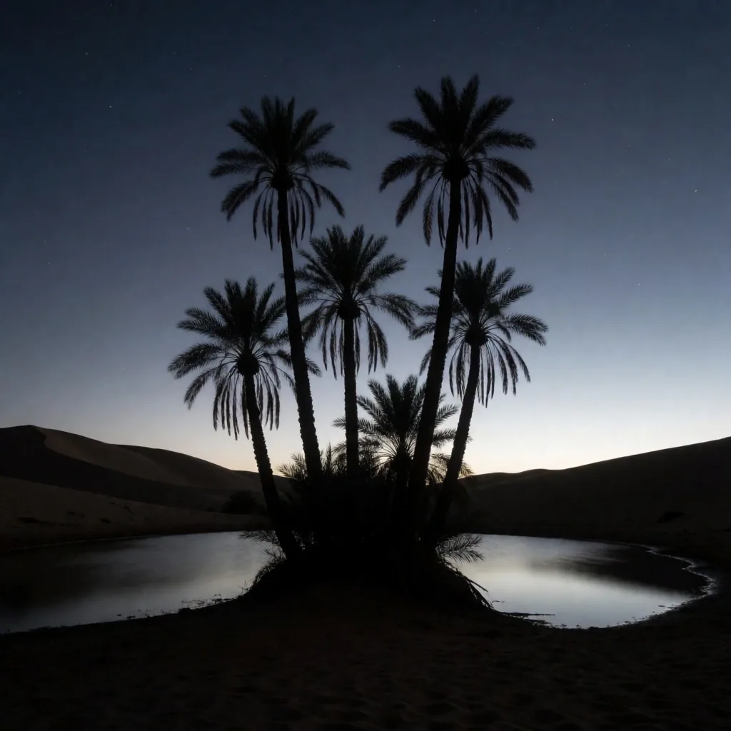 Palm silhouettes at dusk over still oasis water