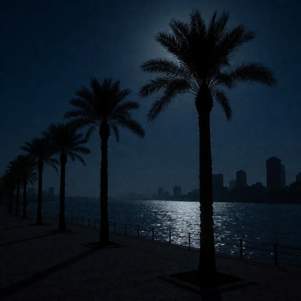 Palm silhouettes against the night sky along the Nile in Cairo