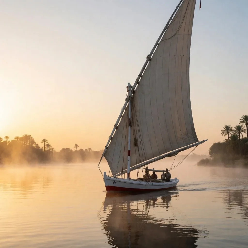 A traditional felucca sailboat on the Nile at dawn