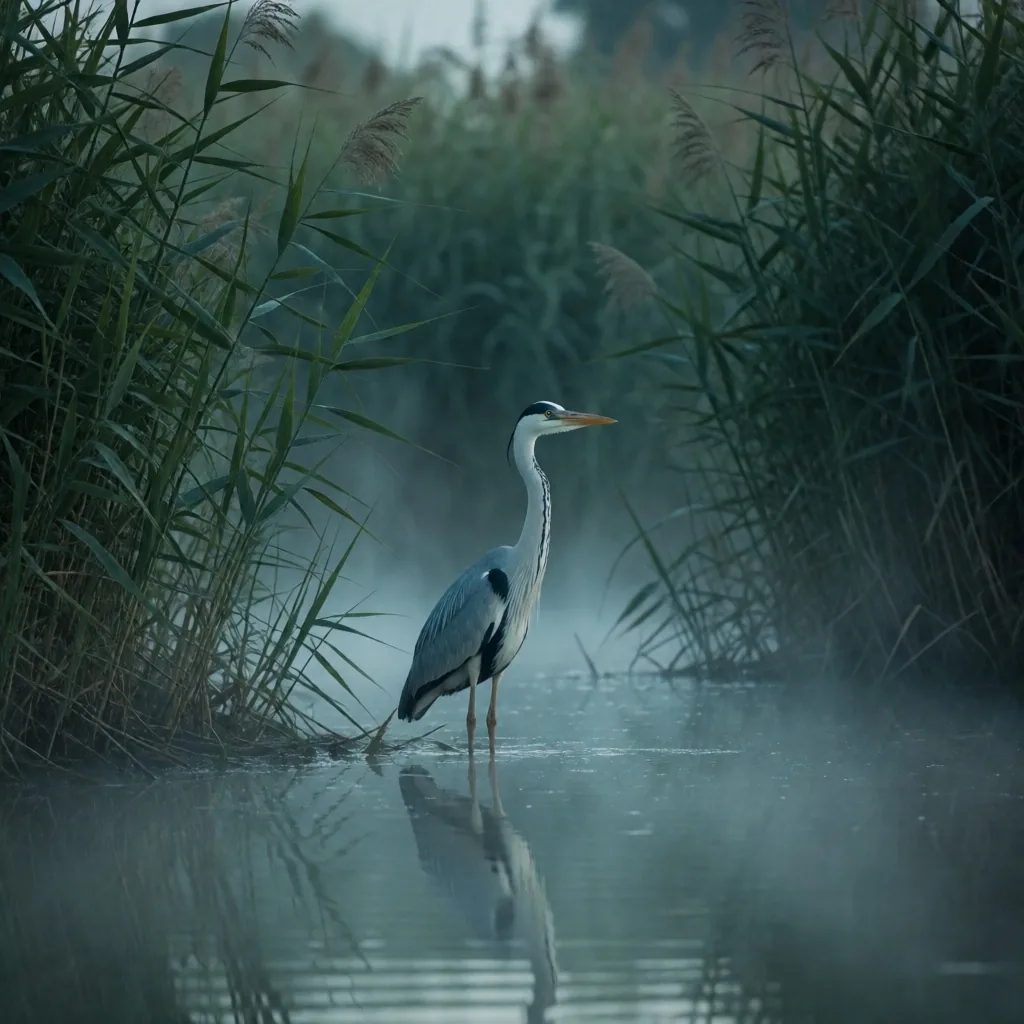 A heron in the reeds along the Nile at dawn