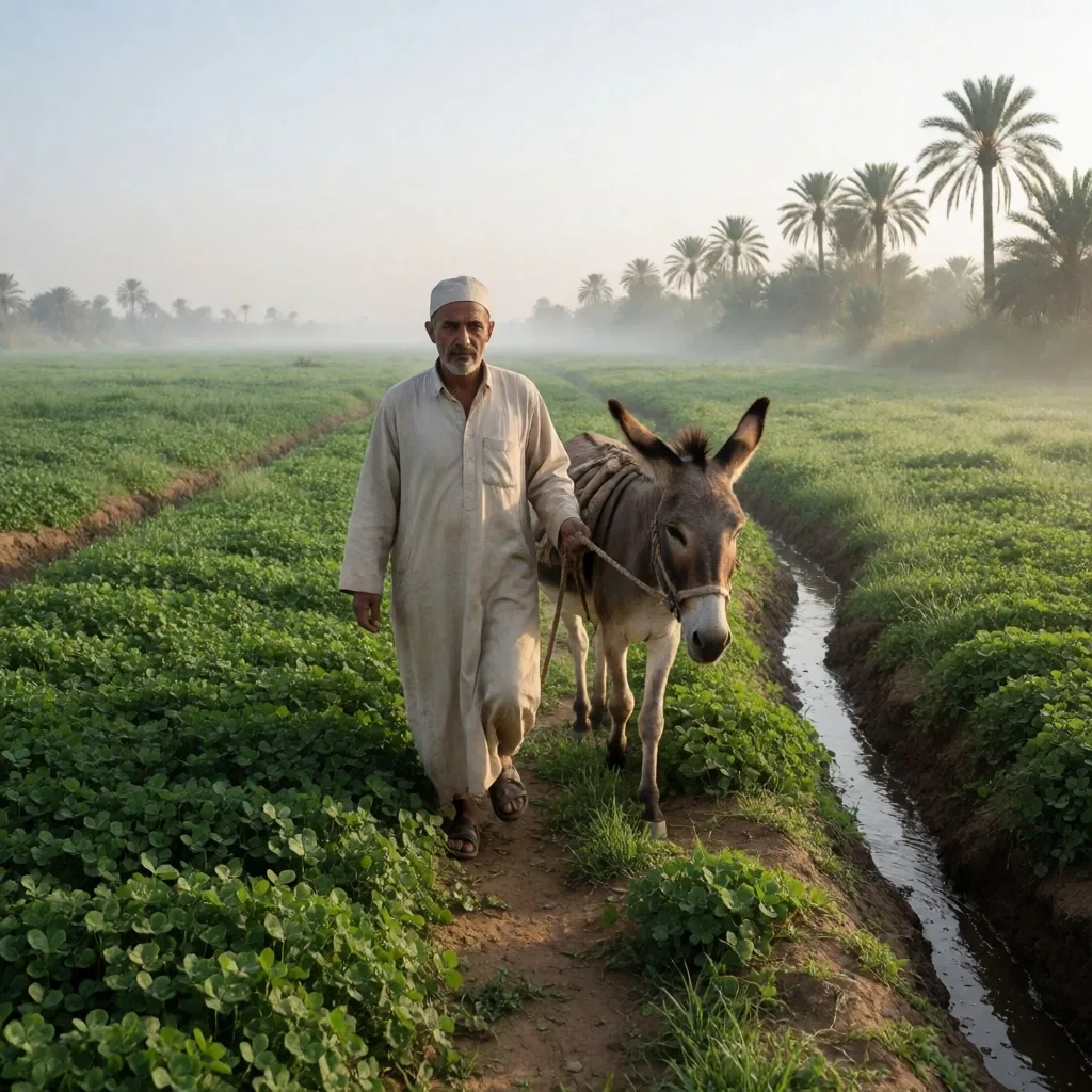 A farmer working a field beside the Nile with a donkey and plough
