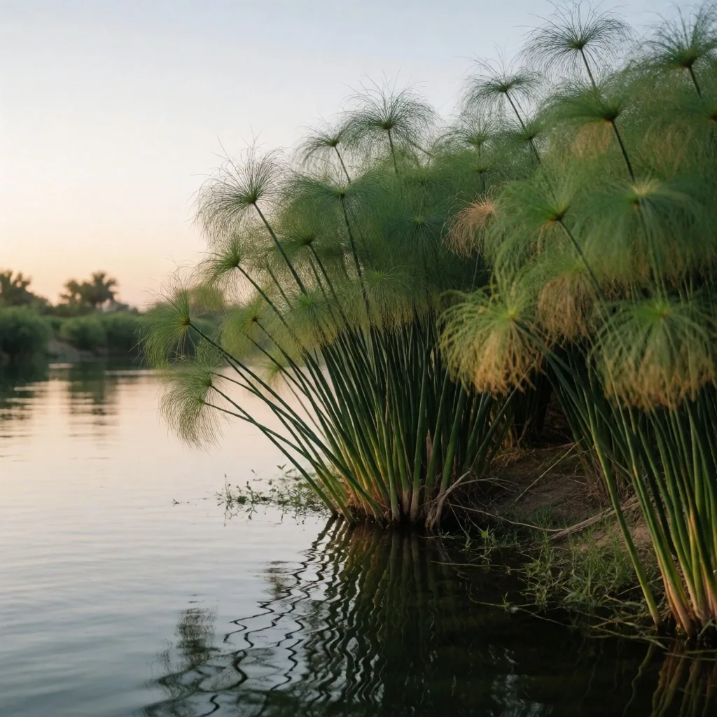 A clean stretch of the Nile at dusk with reeds and calm water
