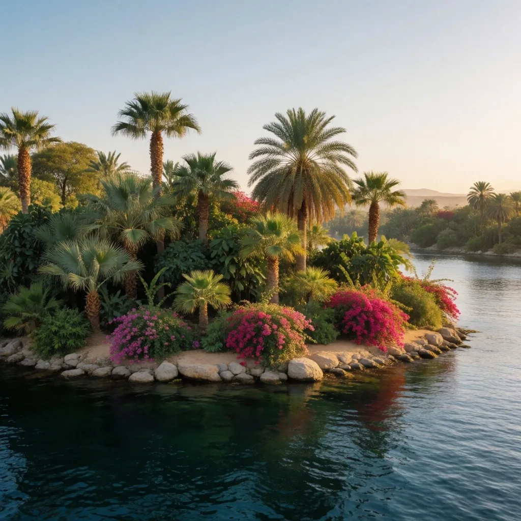 A green island sanctuary on the Nile with a small boat
