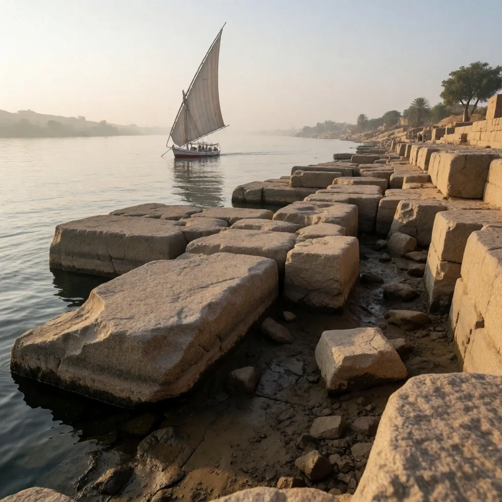 Ancient stone quay remnants on the Nile bank