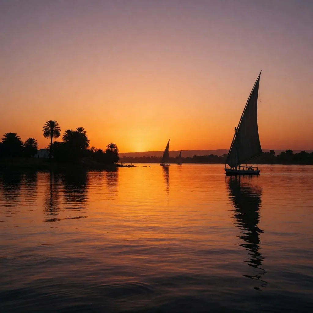 Sunset over the Nile with palm and sailboat silhouettes