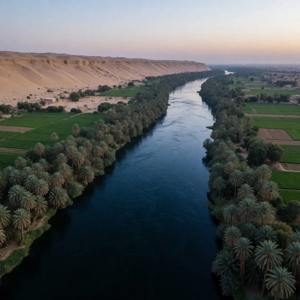 The Nile river at dusk winding through palm groves