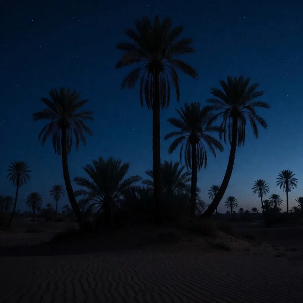 Palm trees under a dark desert sky