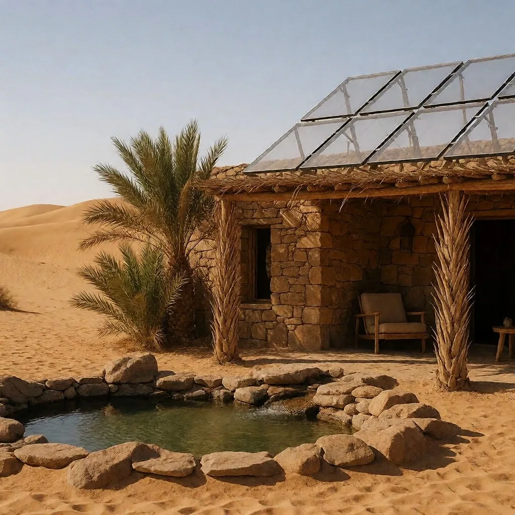 Desert eco-lodge with solar panels at an oasis edge