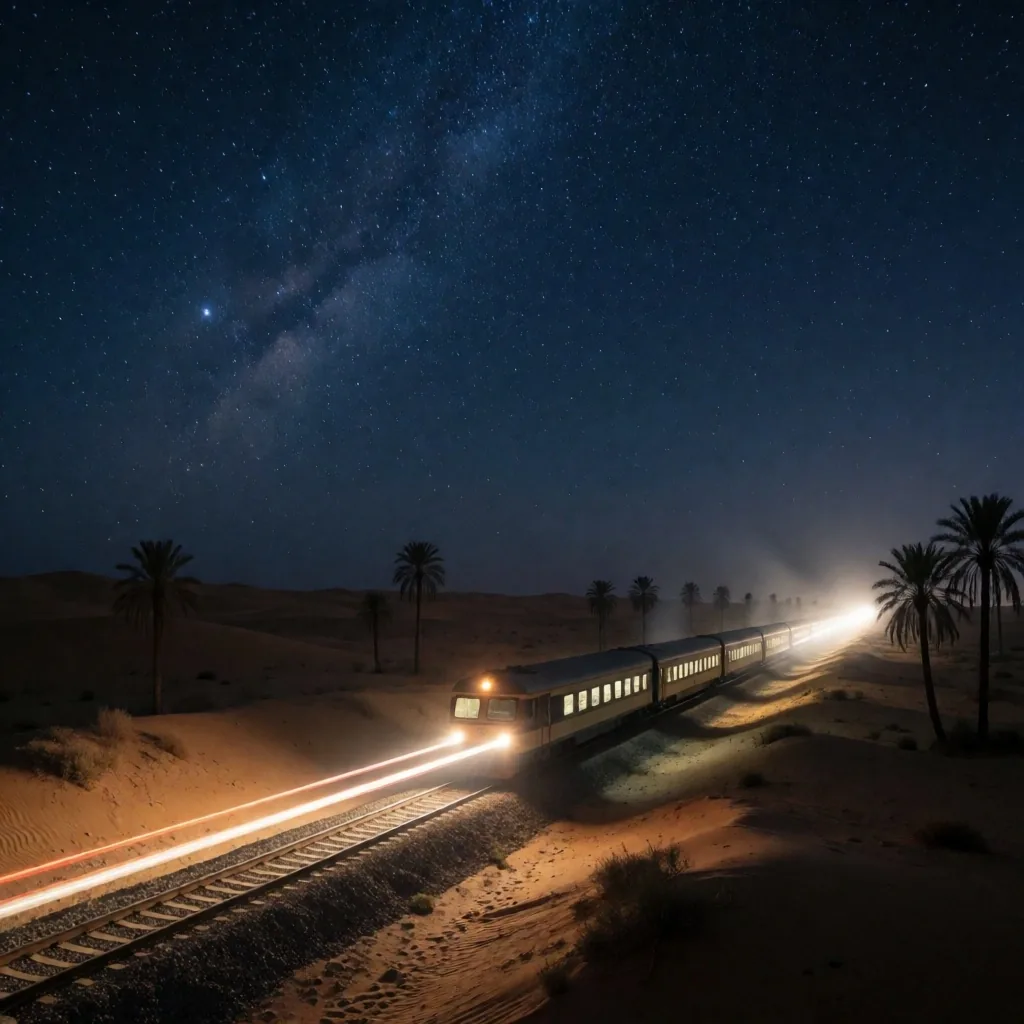Night train traveling through the desert under a star-filled sky