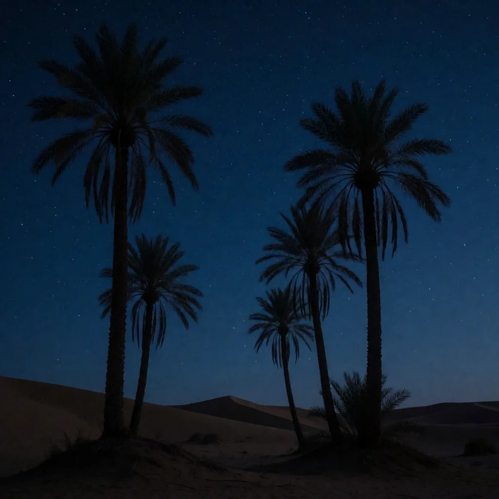 Palm silhouettes against a deep indigo desert night sky