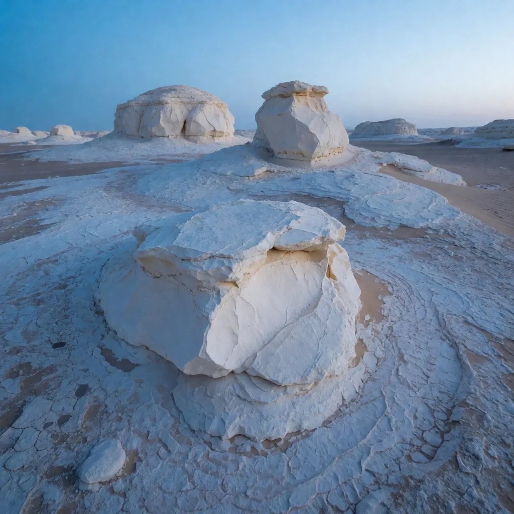 Pristine white desert formations at dawn with intact desert crust