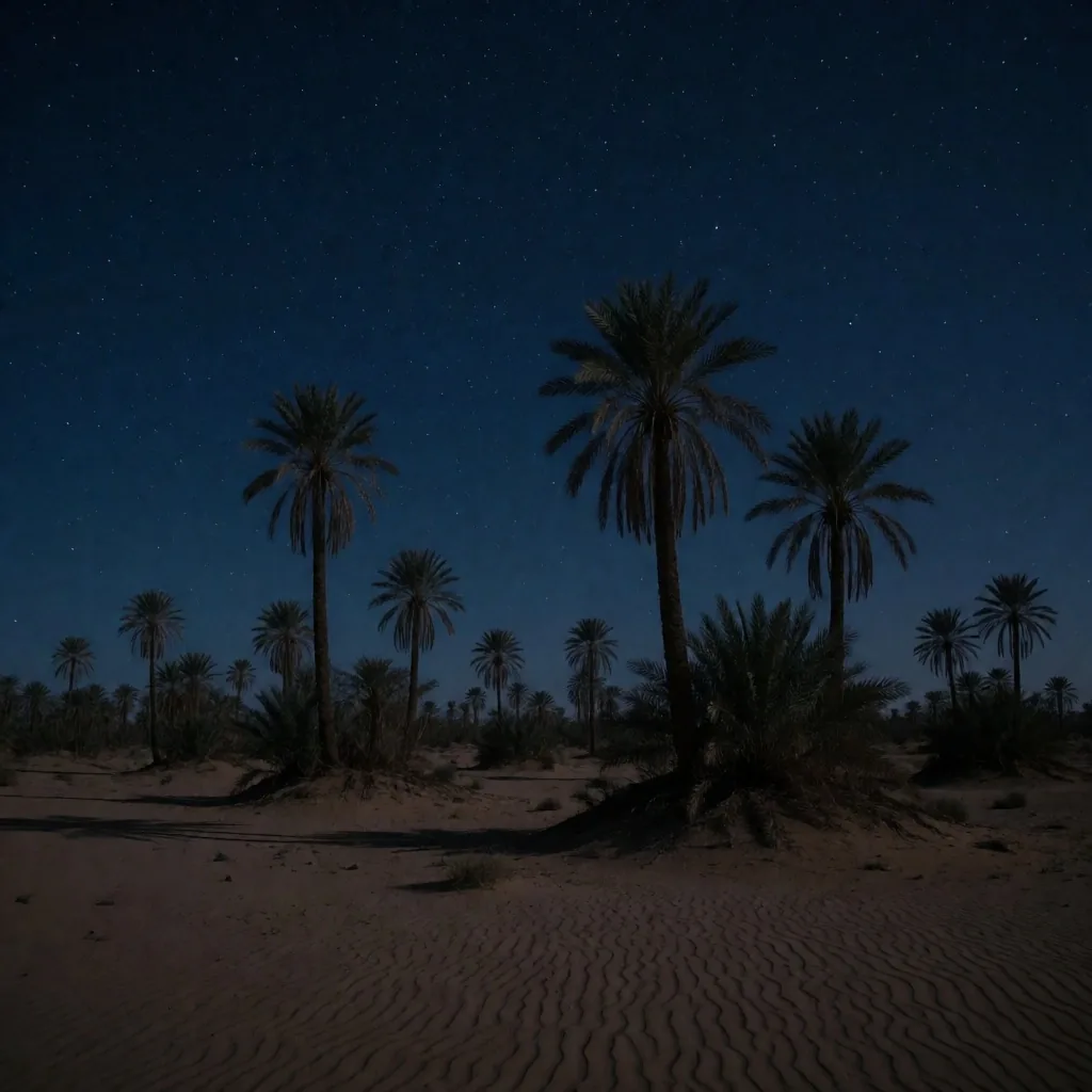 Palm trees against a deep night sky in Egypt