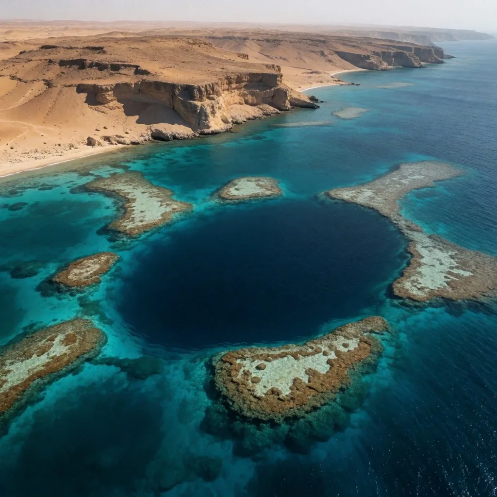 Blue Hole sinkhole surrounded by shallow reef on the eastern coast