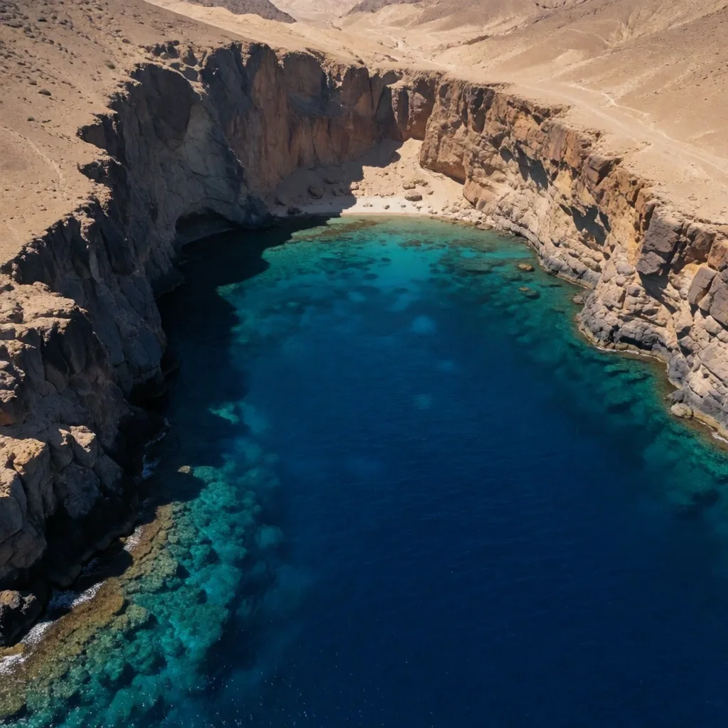 Deep blue bay surrounded by rugged mountains on the Sinai coast