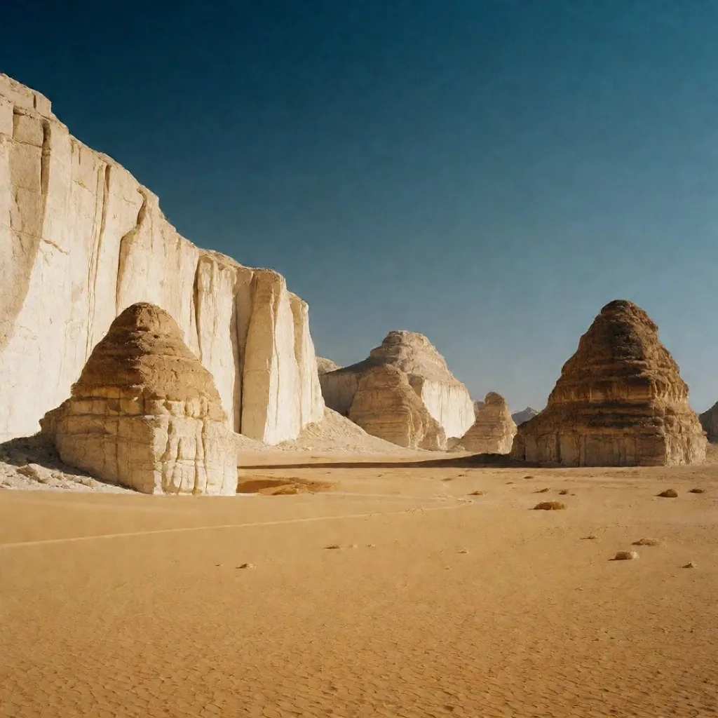 Massive white limestone formations in the Agabat Valley