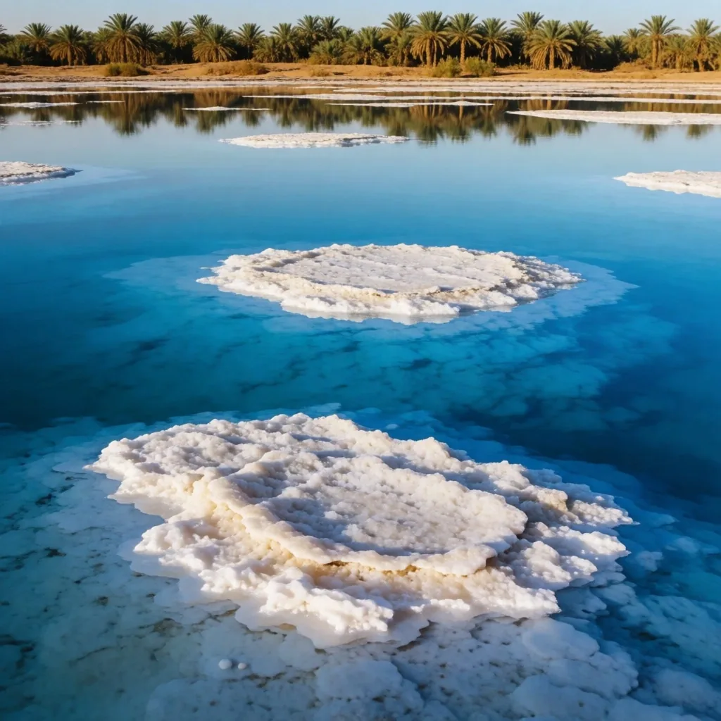 Salt lake with white crusts and palm reflections in the western oases