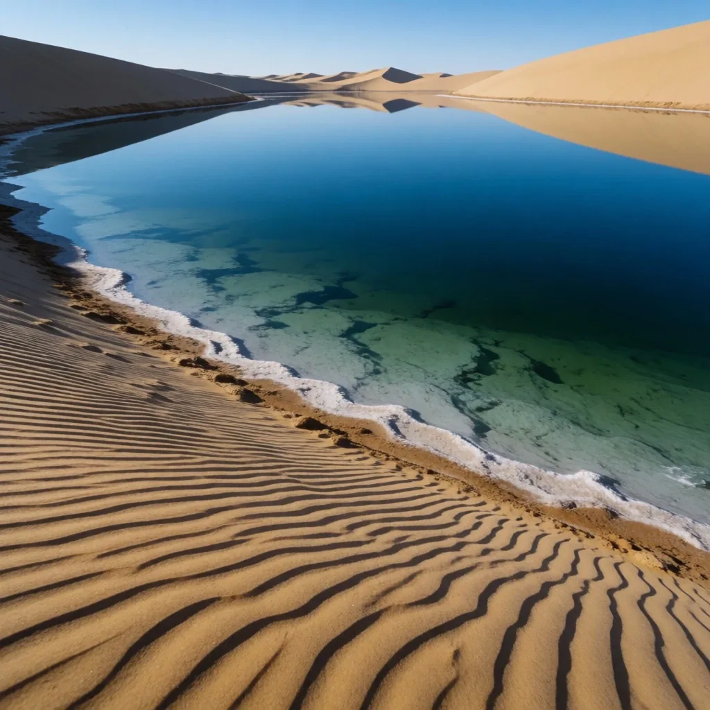 Salt lake in the desert reflecting the sky in shifting blue tones
